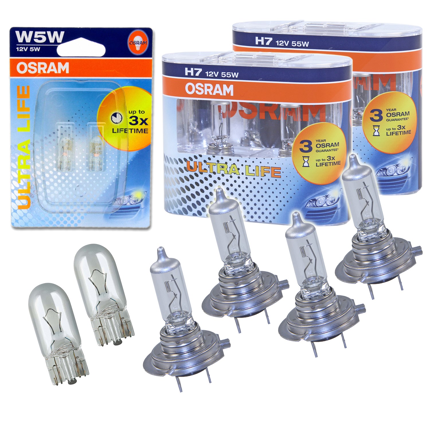 Osram H7 ULTRA LIFE Duo Box+W5W ULTRA LIFE [Hersteller-Nr. 64210ULT-HCB] für Renault, Opel, Mercedes-Benz, Kia, Porsche, Audi, Hyundai, BMW, VW