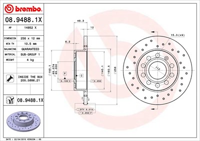 Brembo 2x Bremsscheibe Hinterachse Voll [Hersteller-Nr. 08.9488.1X] für VW, Audi, Skoda, Seat