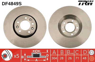 Trw 1x Bremsscheibe Vorderachse Belüftet [Hersteller-Nr. DF4849S] für Citroën, Peugeot, Fiat